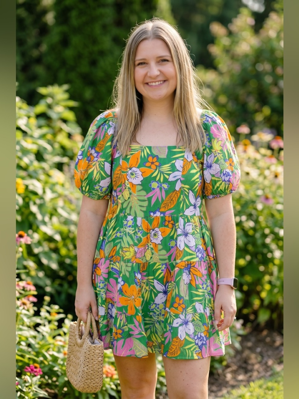 Easel Green Floral Puff-Sleeve Summer Dress